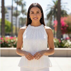 ROSE + OLIVE White Textured Floral Halter Top Sleeveless Tiered Blouse Large